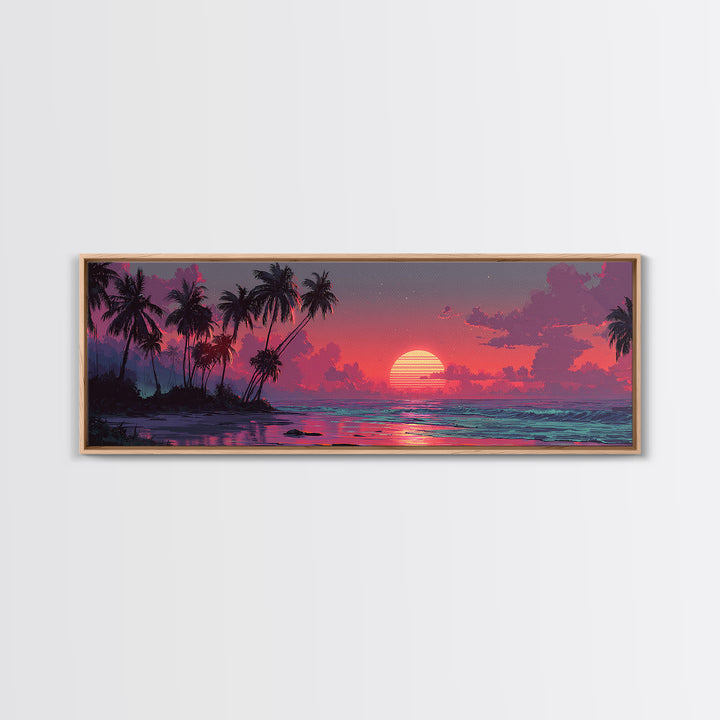 Tropical Island Sunset Canvas Print, Retro Beach Wall Art, Palm Tree Ocean Decor, Modern Coastal Bedroom Poster, Summer Vibes