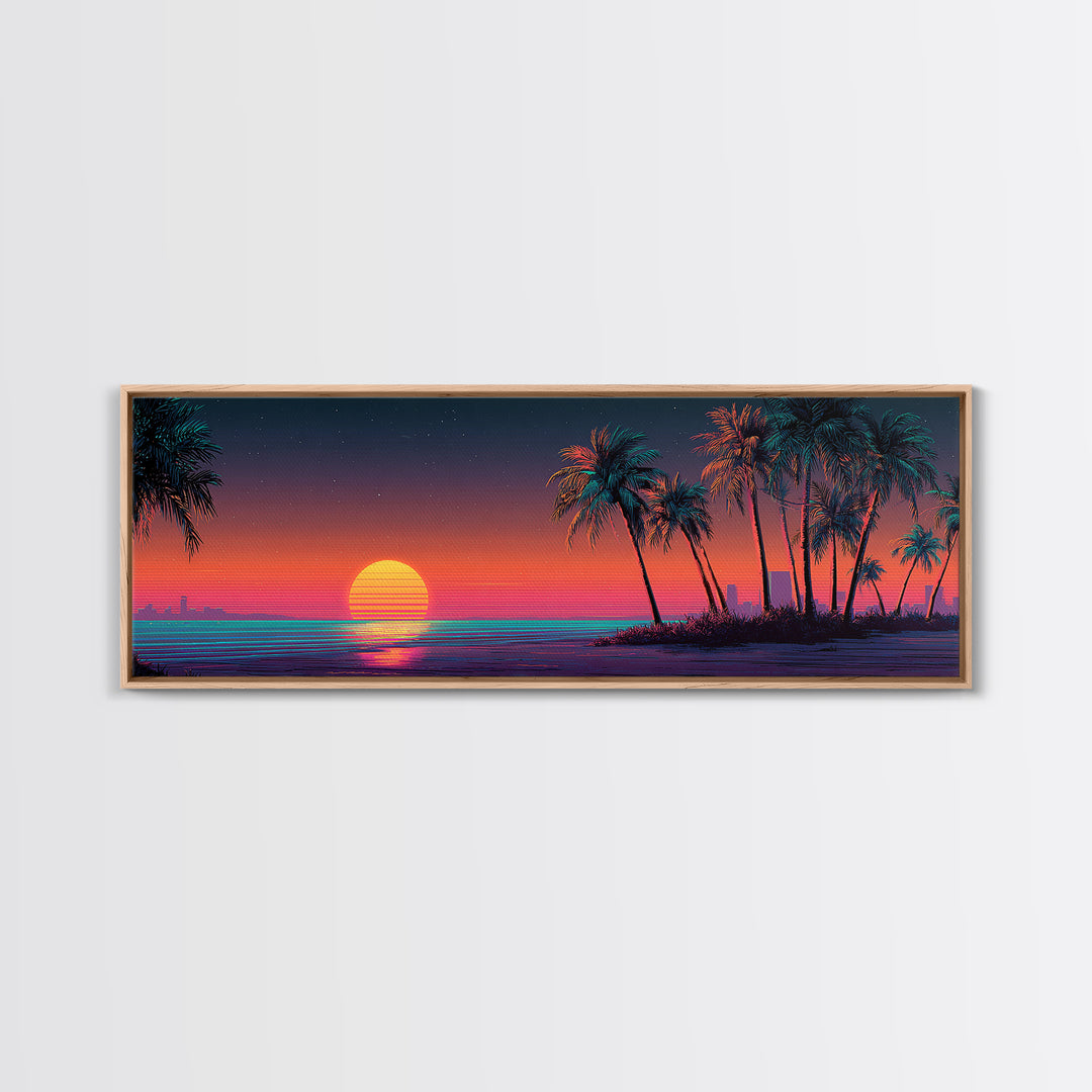 Retro Neon Beach Sunset With Palm Trees Wall Art, Synthwave Coastal Canvas Print, Tropical Ocean Decor, Large Panoramic Living Room Art