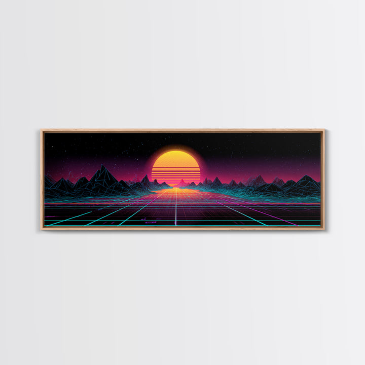 Retro Synthwave Sunset Mountain Wall Art, Vaporwave Canvas Print For Gaming Room Decor, Neon 80s Poster And Dorm Decor Gift