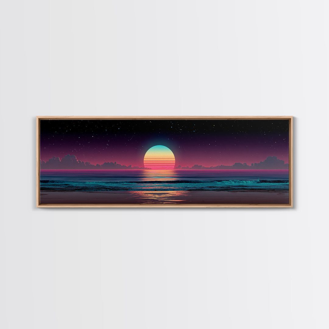 Retro Cosmic Ocean Sunset Canvas Print, Neon Beach Wall Art, Synthwave Seascape, Coastal Decor, Bedroom Poster, Home Decor