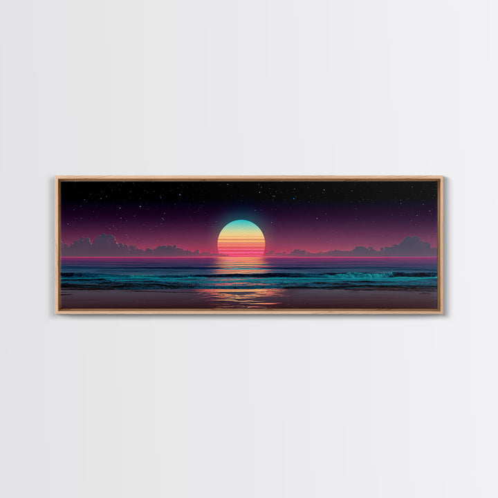 Retro Cosmic Ocean Sunset Canvas Print, Neon Beach Wall Art, Synthwave Seascape, Coastal Decor, Bedroom Poster, Home Decor