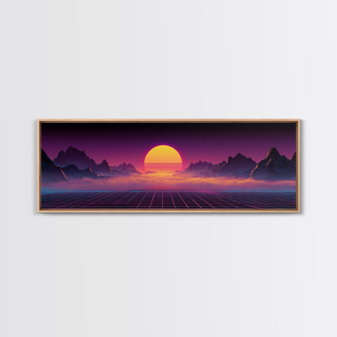 Neon Retro Futuristic Sunset Wall Art, Synthwave Mountain Grid Canvas, Vaporwave Decor, Gaming Room Poster, 80s Art, Cyberpunk Gift