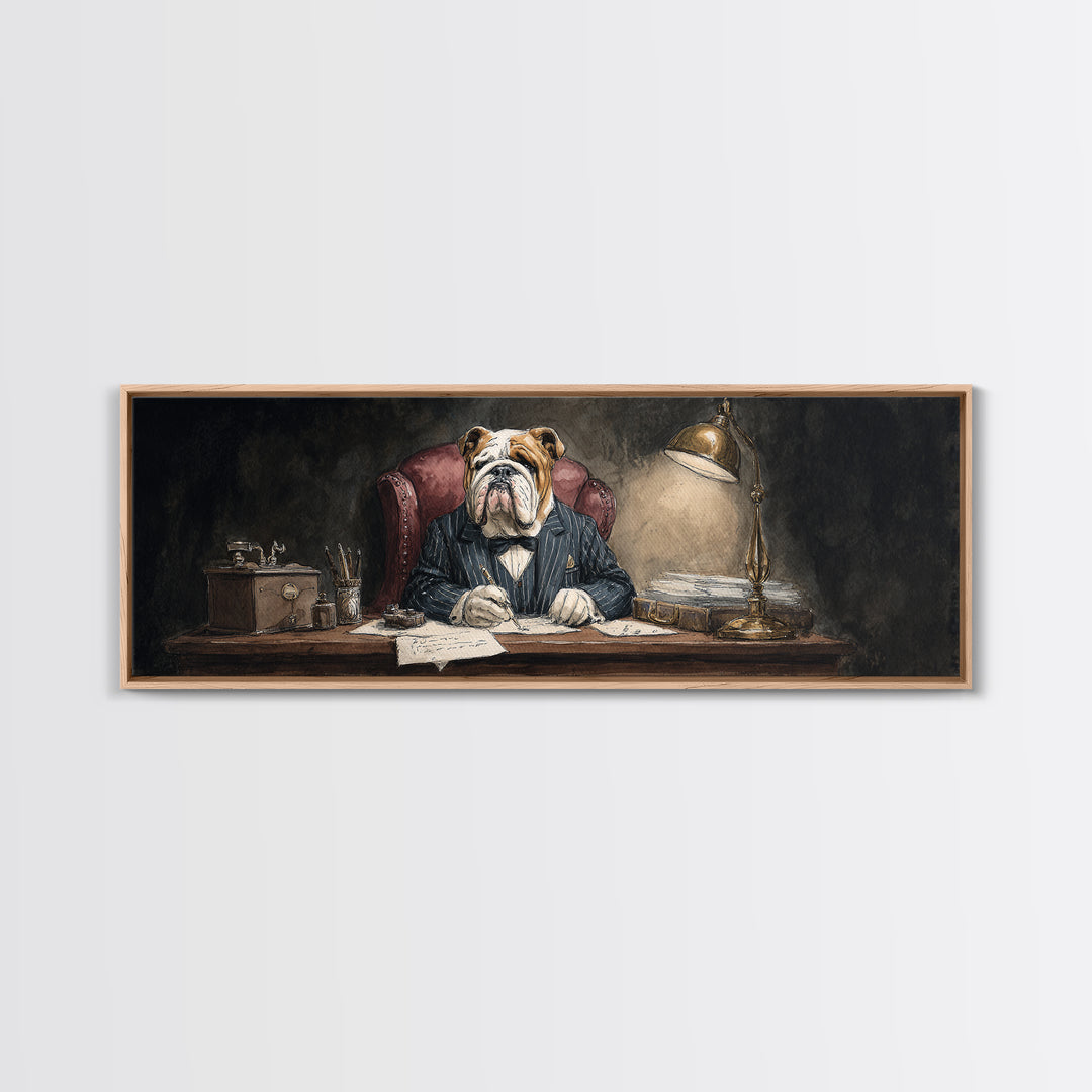 Bulldog Lawyer At Desk Framed Canvas Print, Moody Office Wall Art, Funny Animal Portrait For Law Office Decor Housewarming Gift