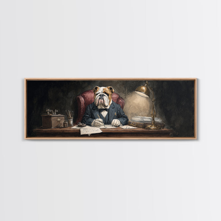Bulldog Lawyer At Desk Framed Canvas Print, Moody Office Wall Art, Funny Animal Portrait For Law Office Decor Housewarming Gift