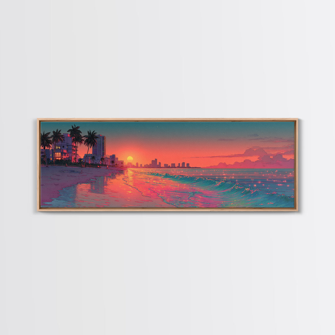 Pixel Art Beach Sunset And Neon Shoreline Wall Art, Miami Coastal Print, Retro Travel Poster, Ocean Decor For Living Room