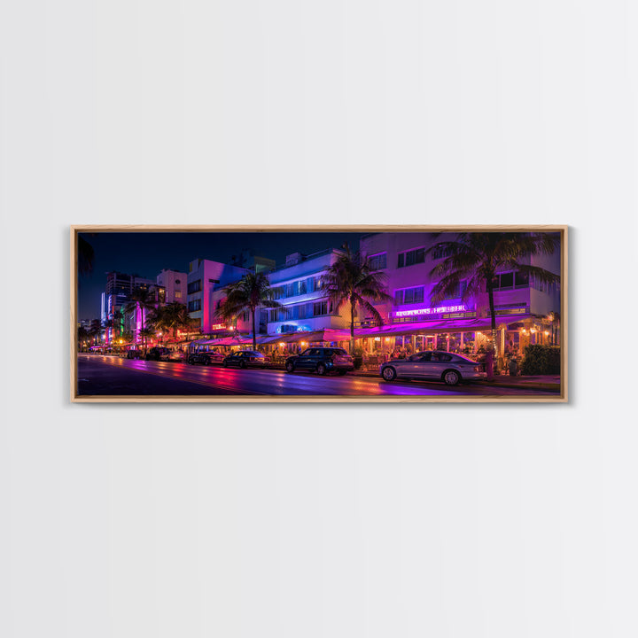 Neon Miami Beach Street Canvas Print, Art Deco Hotel Wall Art, Tropical Nightlife, Travel Poster, Cityscape Home Decor Print