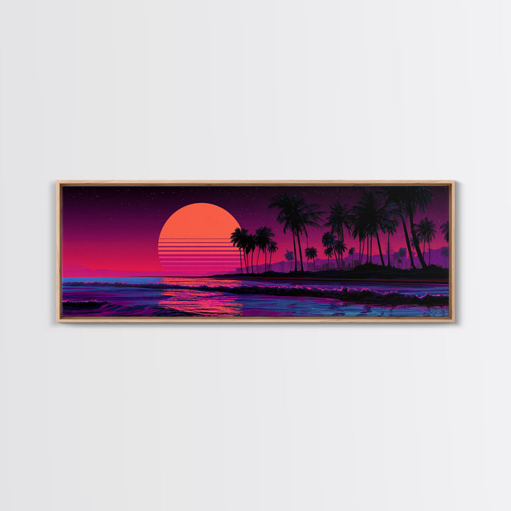 Neon Tropical Palm Sunset Canvas Print, Retro Beach Wall Art, Synthwave Coastal Decor, Vibrant Living Room Poster, Dopamine Decor Gift