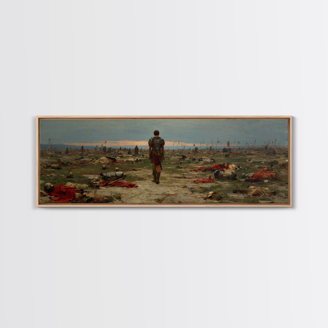 Lone Soldier Crossing Battlefield Wall Art, Panoramic Historical Landscape Canvas Print, Masculine Office Living Room Decor