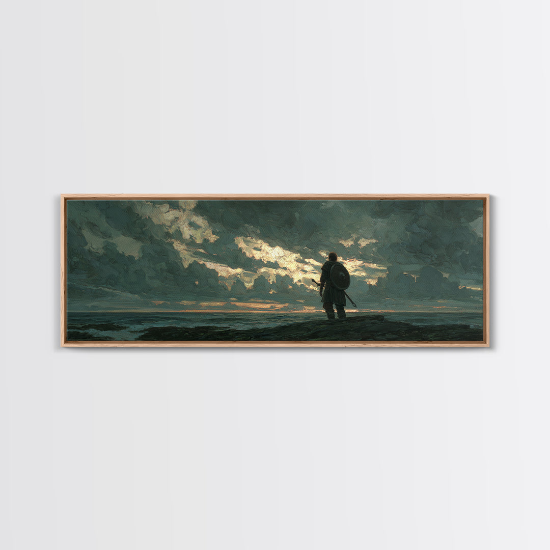 Lone Shield Warrior Under Stormy Coastal Sky Wall Art, Moody Seascape Landscape Print, Masculine Office Decor Gift For Him