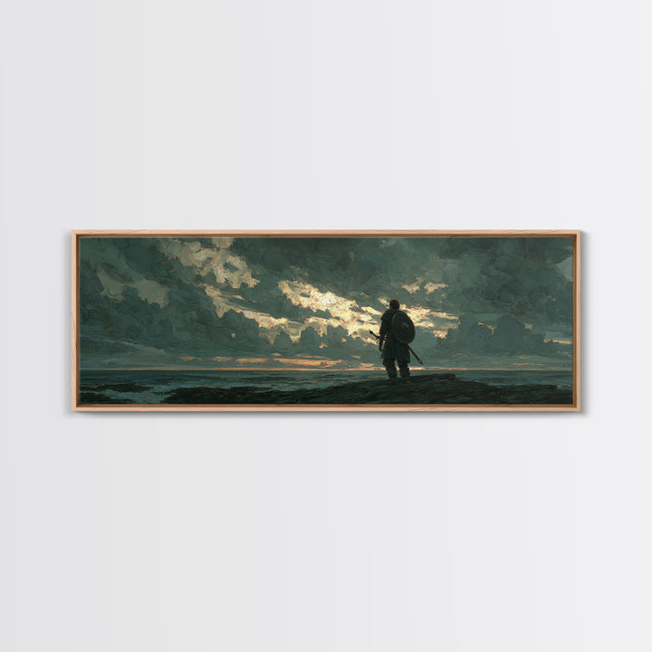 Lone Shield Warrior Under Stormy Coastal Sky Wall Art, Moody Seascape Landscape Print, Masculine Office Decor Gift For Him