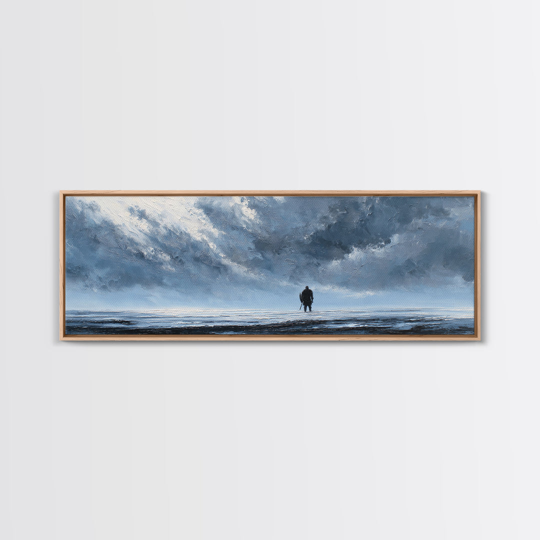 Lone Figure In Icy Storm Canvas Print, Blue Abstract Seascape Wall Art, Moody Ocean Landscape For Modern Living Room Decor