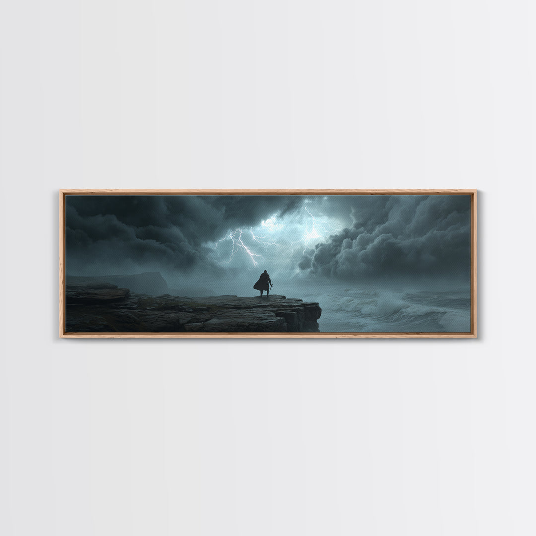 Cloaked Wanderer Under Lightning Canvas Print, Dark Storm Seascape Wall Art, Fantasy Landscape Decor, Moody Office Art Print