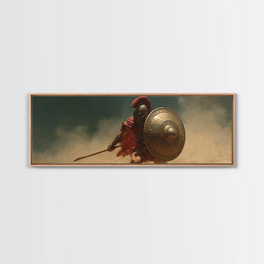 Spartan Warrior With Bronze Shield Canvas Print, Ancient Greek Battle Wall Art, Historical Decor, Masculine Gift For Him