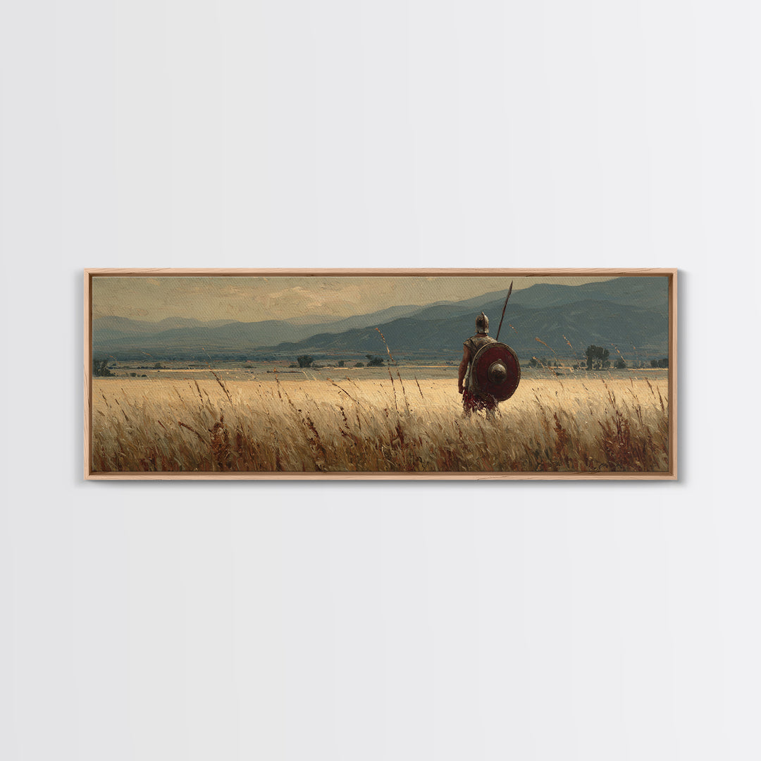 Lone Spearman In Golden Field Canvas Print, Ancient Warrior Landscape, Rustic Wall Art, Historical Decor, Long Horizontal Art