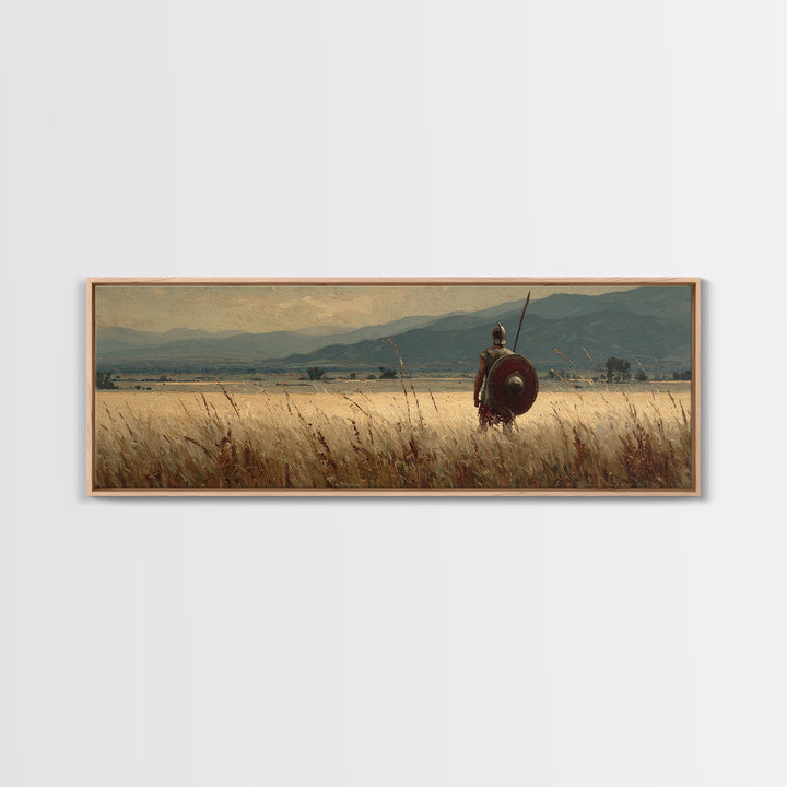 Lone Spearman In Golden Field Canvas Print, Ancient Warrior Landscape, Rustic Wall Art, Historical Decor, Long Horizontal Art