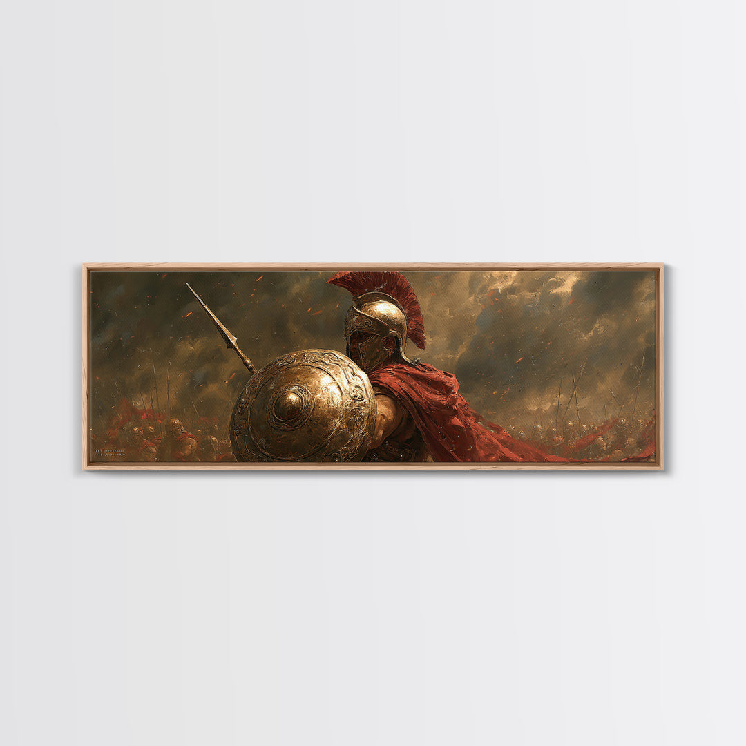 Golden Spartan Warrior With Shield Framed Canvas Print, Greek Mythology Wall Art, Ancient Battle Decor, Gift For Him, Masculine Office Decor