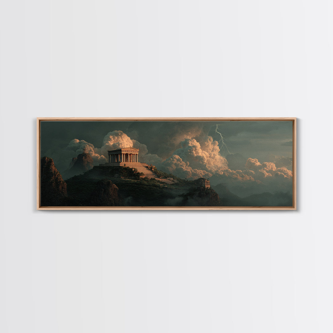 Ancient Greek Temple Above Stormy Peaks Wall Art, Mythological Landscape Canvas Print, Classical Decor, Dramatic Office Art
