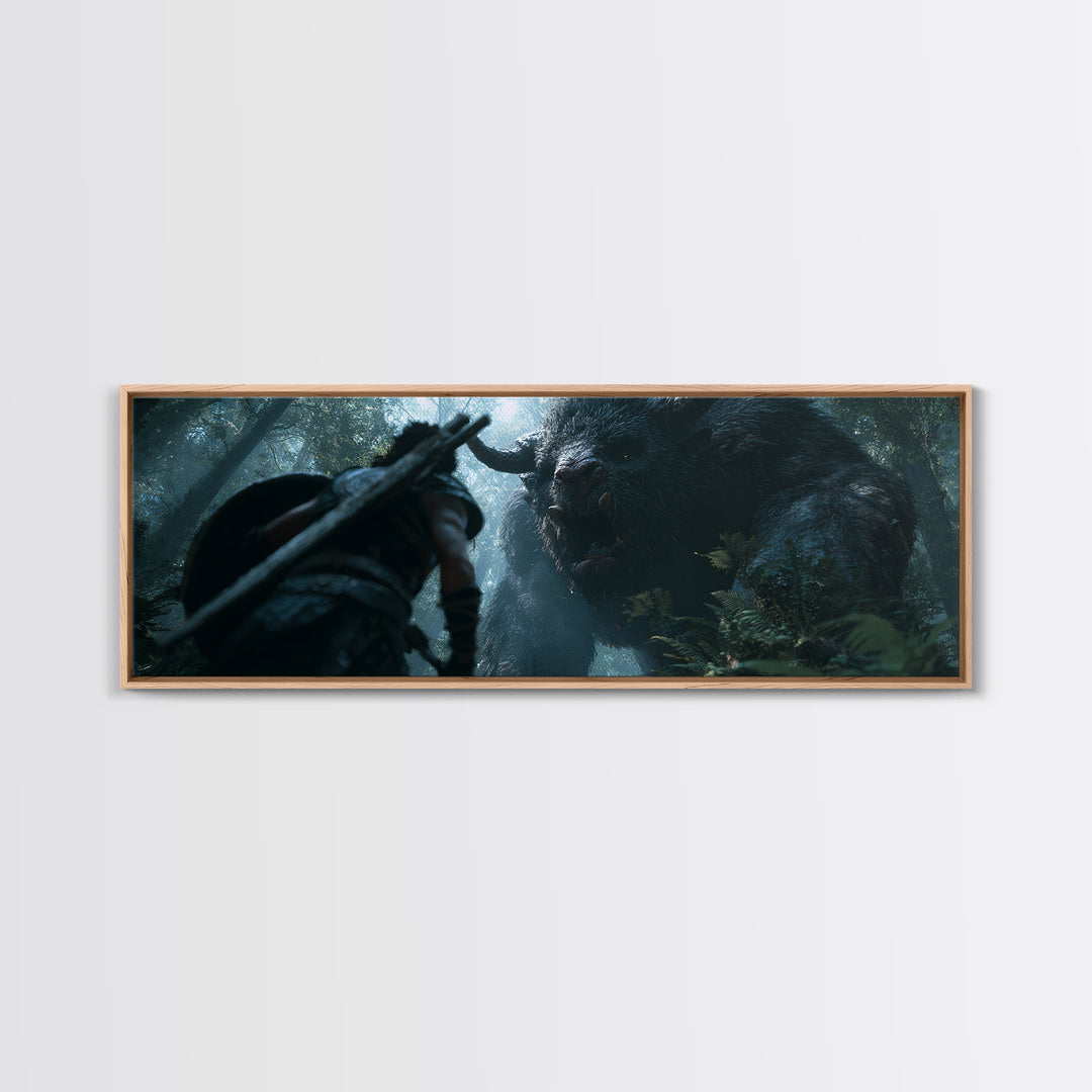 Warrior Facing Giant Forest Beast Canvas Print, Dark Fantasy Wall Art, Mythical Creature Decor, Dramatic Game Room Poster