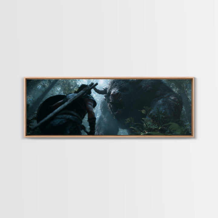 Warrior Facing Giant Forest Beast Canvas Print, Dark Fantasy Wall Art, Mythical Creature Decor, Dramatic Game Room Poster