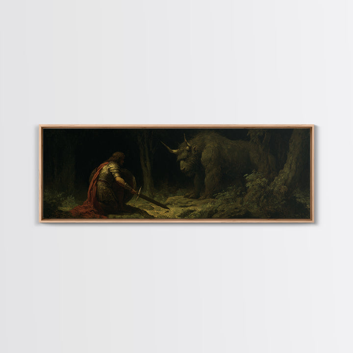 Kneeling Knight Facing Dark Forest Unicorn Wall Art, Mythical Fantasy Canvas Print, Gothic Fairytale Decor Unique Gift For Him