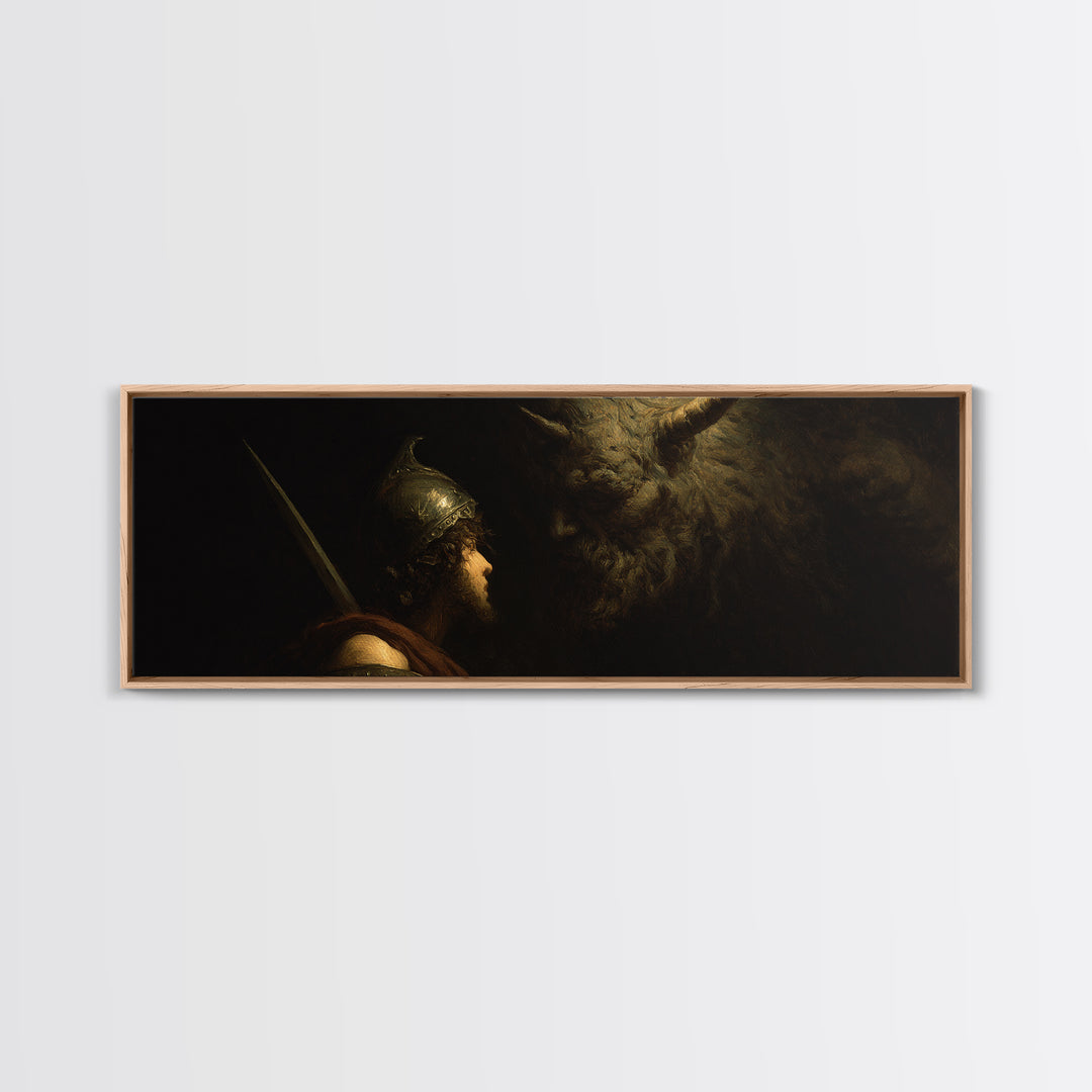 Ancient Warrior Facing Horned Beast Canvas Print, Dark Fantasy Mythology Wall Art, Dramatic Gothic Decor For Living Room