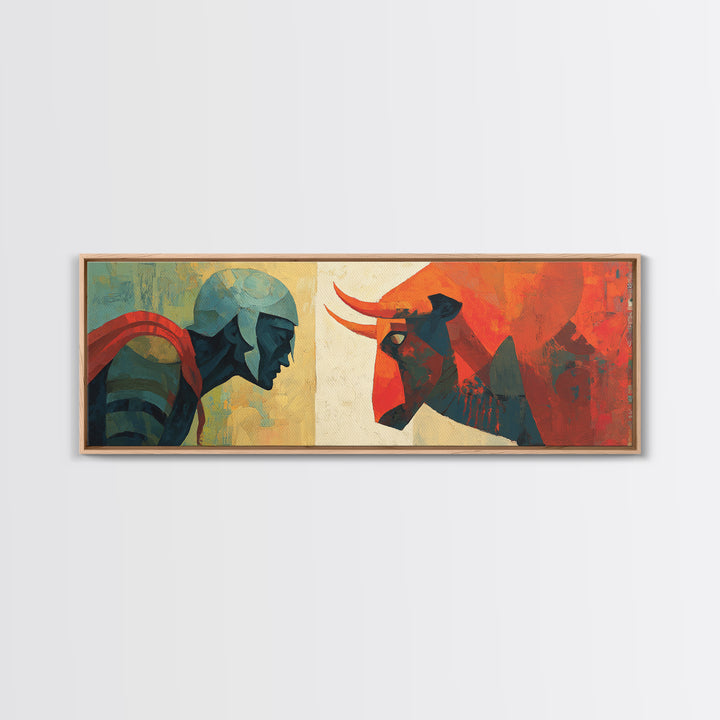 Modern Warrior And Red Bull Canvas Print, Geometric Mythology Wall Art, Mid Century Abstract Decor For Bold Living Room Art