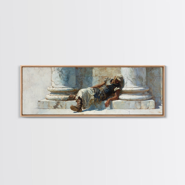 Resting Roman Soldier By Marble Columns Wall Art, Ancient Warrior Oil Painting Print, Classical History Decor, Housewarming Gift