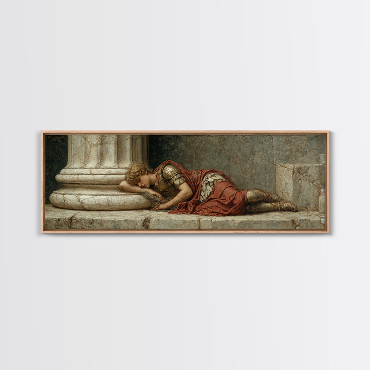 Resting Roman Soldier By Marble Column Framed Canvas Print, Classical Wall Art, Dark Academia Decor, Historical Gift For Him