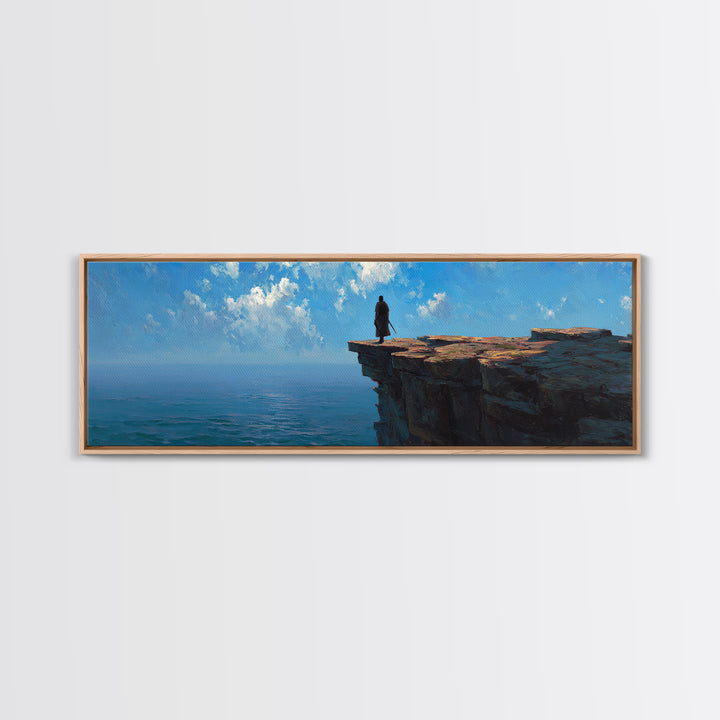 Lone Figure On Ocean Cliff Wall Art, Moody Coastal Landscape Canvas, Blue Seascape Print, Large Living Room Decor, Housewarming Gift