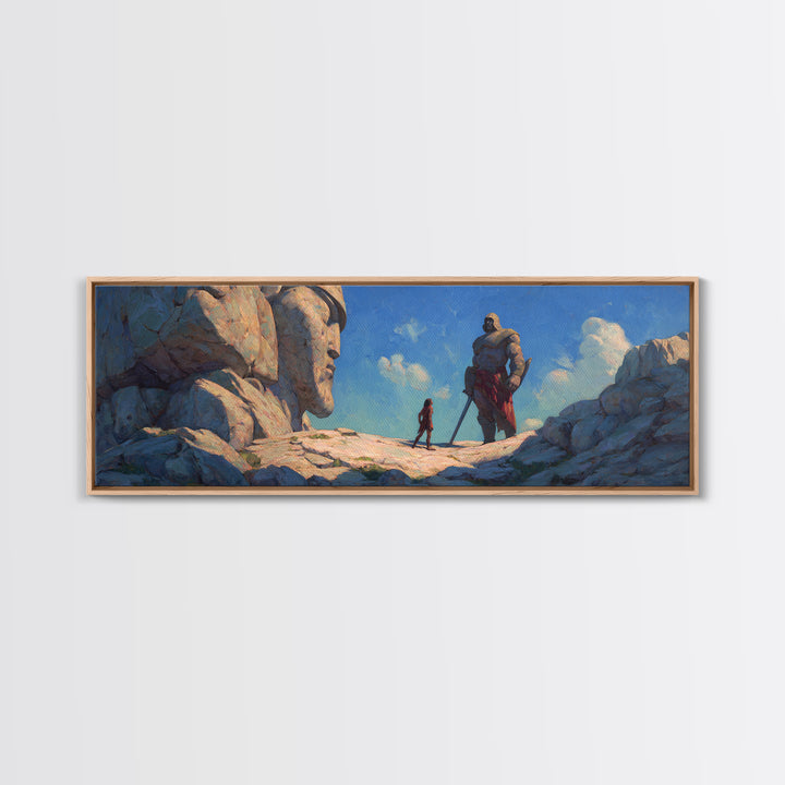 Giant Stone Guardians In Mountain Pass Canvas Print, Epic Fantasy Landscape Art, Dnd Room Decor, Adventure Wall Decor Gift