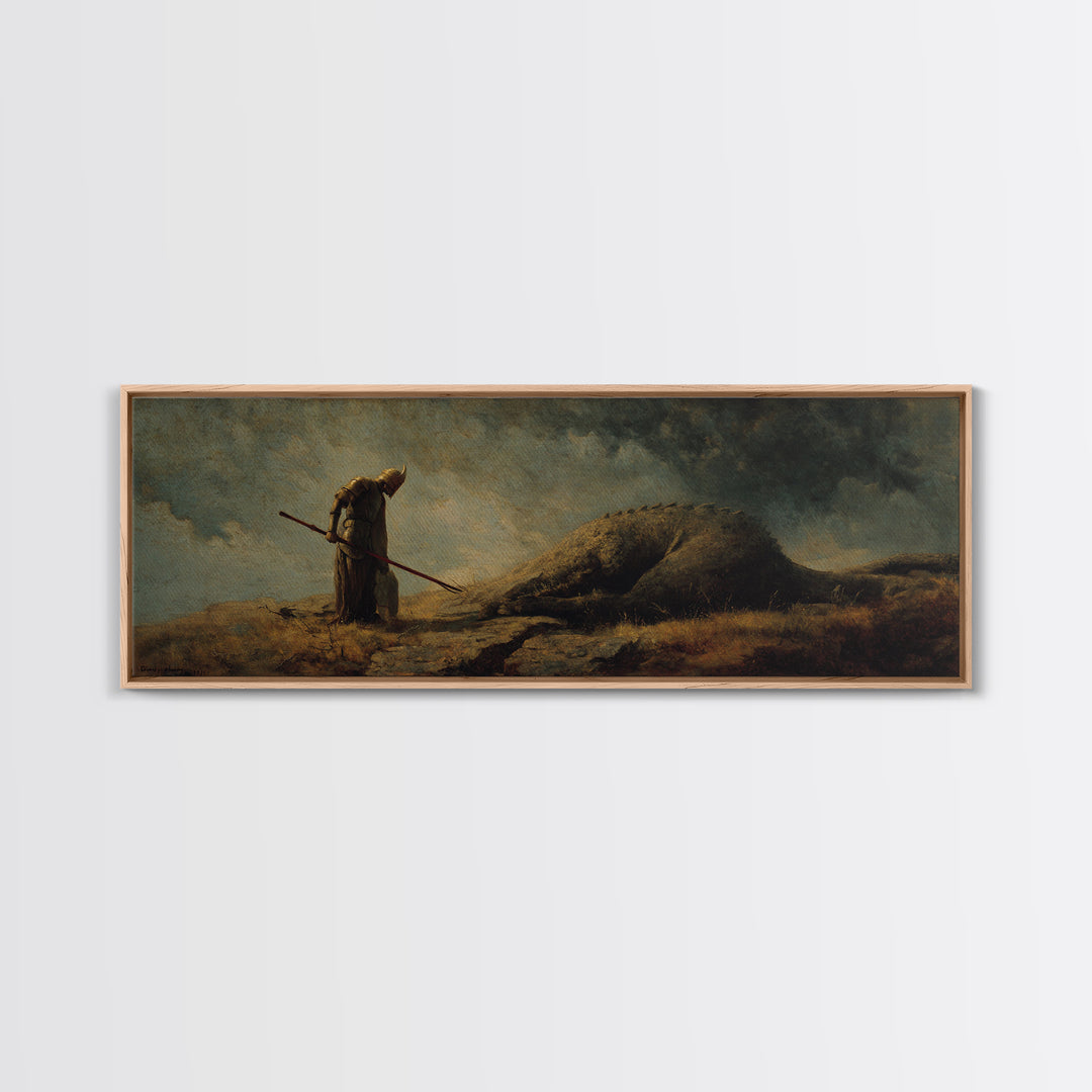 Cloaked Hunter Beside Fallen Giant Wall Art, Dark Fantasy Landscape, Mythical Creature Decor, Gothic Canvas Print, Fantasy Gift