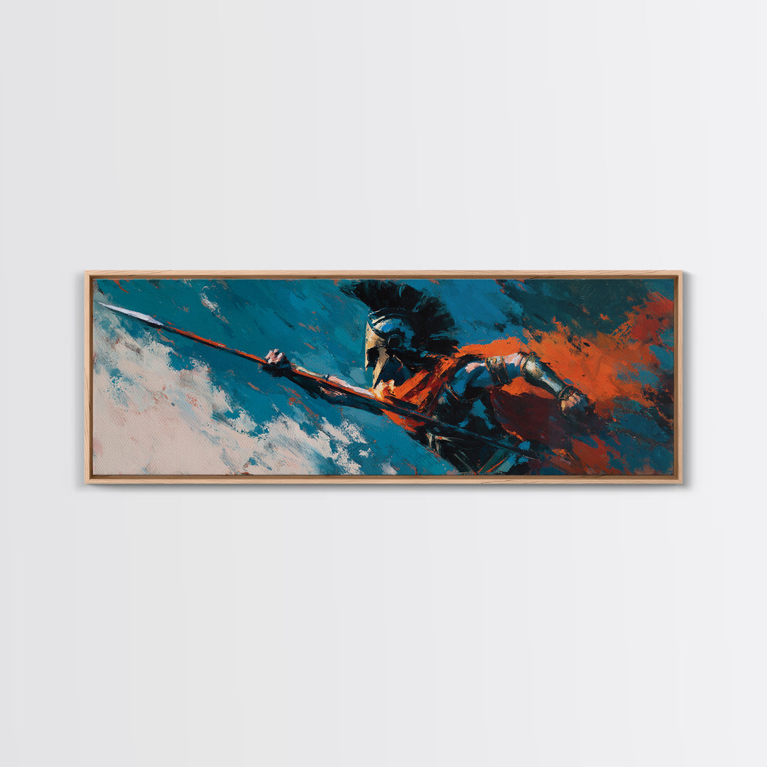 Spartan Spearman In Teal And Orange Canvas Print, Greek Warrior Wall Art, Bold Abstract Decor, Masculine Office Art Gift For Him