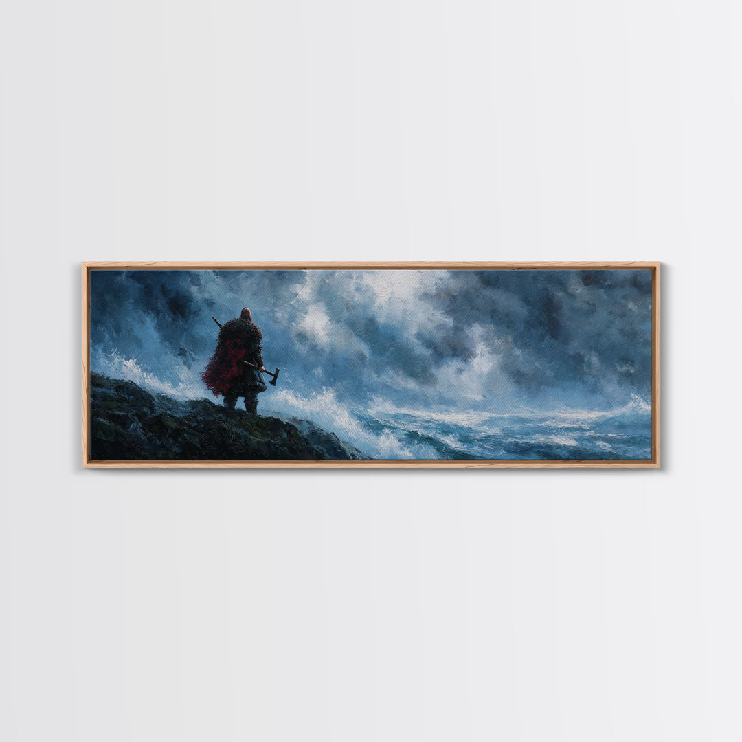 Lone Viking On Stormy Shore Framed Canvas Print, Norse Seascape Wall Art, Moody Coastal Decor, Fantasy Gift For Him, Dramatic Ocean Poster