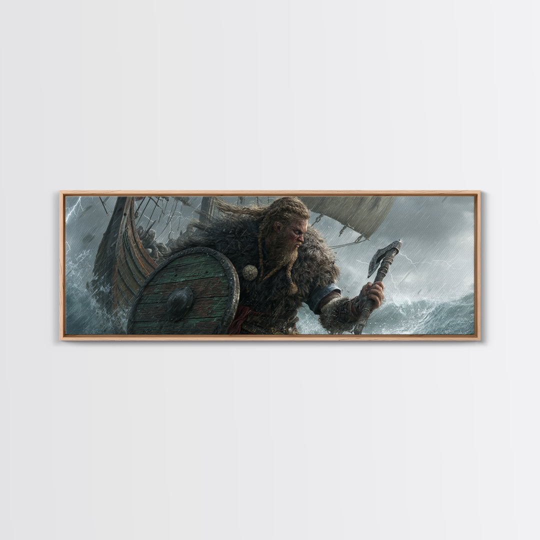 Stormy Viking Warrior At Sea Wall Art, Norse Ship Canvas, Dark Fantasy Decor, Warrior Gift, Nautical Living Room Art, Rustic Home Decor