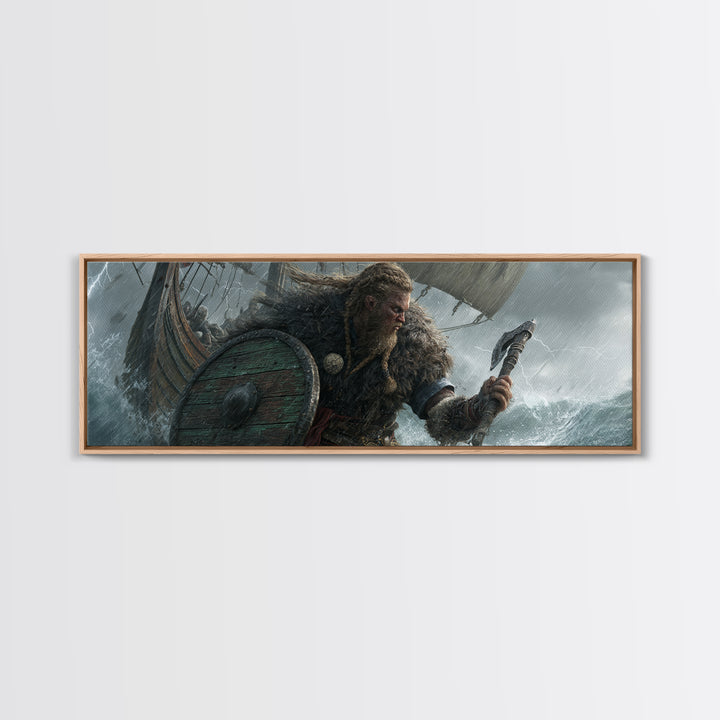 Stormy Viking Warrior At Sea Wall Art, Norse Ship Canvas, Dark Fantasy Decor, Warrior Gift, Nautical Living Room Art, Rustic Home Decor