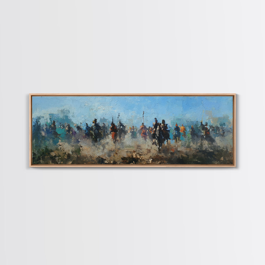Abstract Cavalry Riders In Blue Haze Wall Art, Horseback Battle Oil Painting Print, Western Living Room Decor Gift For Him