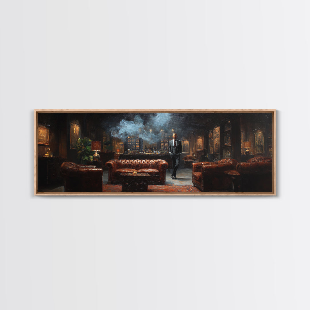 Smoky Gentleman In Leather Lounge Wall Art, Speakeasy Home Bar Canvas Print, Moody Masculine Living Room Decor Gift For Him