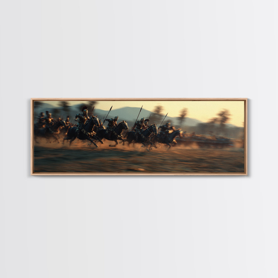 Armored Cavalry Charge At Sunset Wall Art, Epic Horse Battle Canvas Print, Western Warrior Decor, Gift For Him, Masculine Office Decor