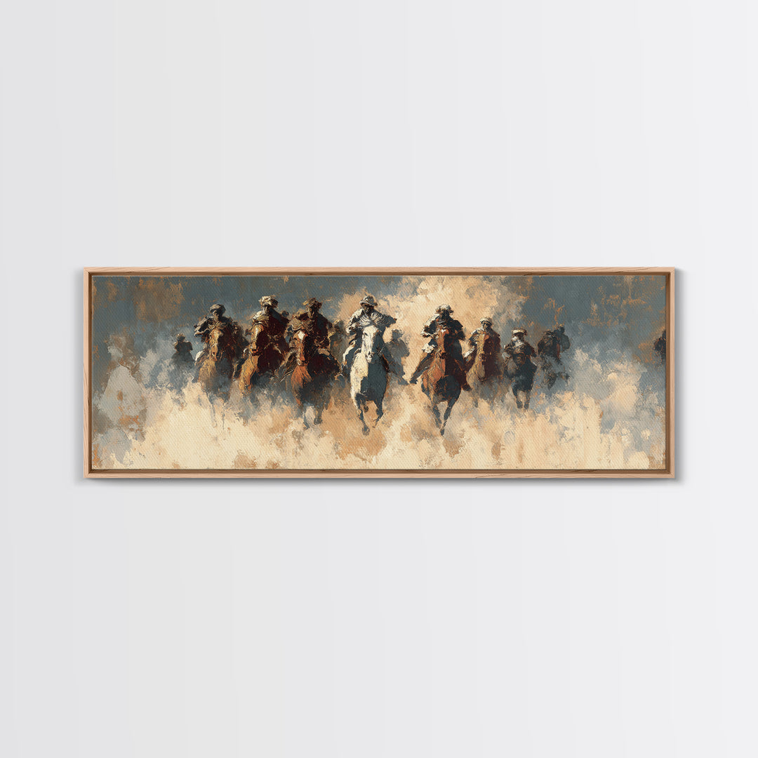 Charging Horsemen In Dusty Plains Wall Art, Abstract Cavalry Battle Painting, Western Decor, Large Horizontal Canvas Print