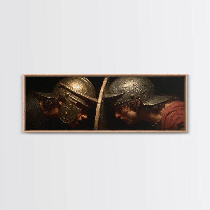 Gladiator Helmet Duel Framed Canvas Print, Ancient Roman Wall Art, Historical Battle Decor, Masculine Office Gift For Him