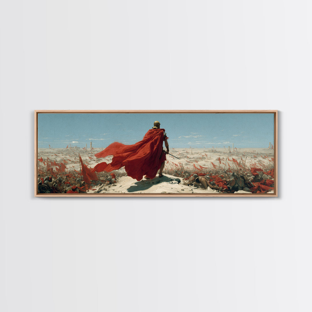 Red Cloaked Commander Over Snowy Battlefield Wall Art, Epic Fantasy Warrior, Historical Canvas Print, Statement Office Decor
