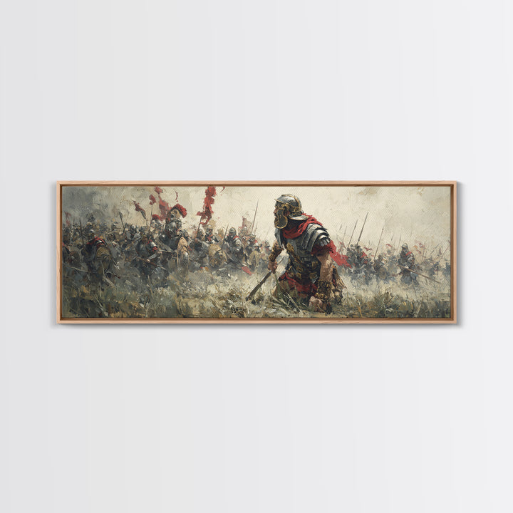 Ancient Warrior Leading Smoky Battlefield Wall Art, Panoramic Historical Battle Canvas, Masculine Office Decor Gift For Him