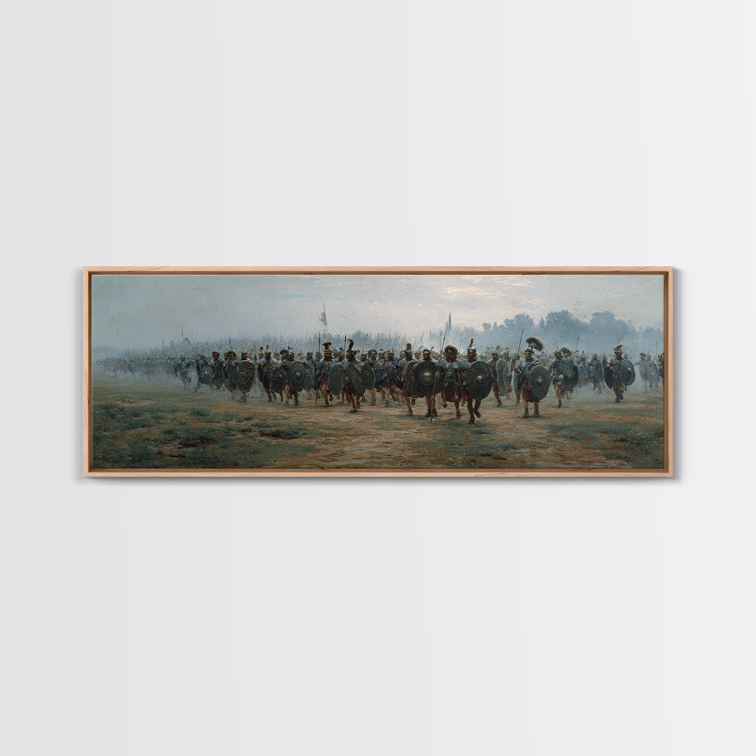 Misty Roman Army March Wall Art, Ancient Warrior Oil Painting Print, Panoramic History Decor, Large Living Room Art For Home Decor