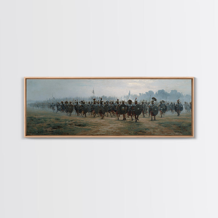 Misty Roman Army March Wall Art, Ancient Warrior Oil Painting Print, Panoramic History Decor, Large Living Room Art For Home Decor