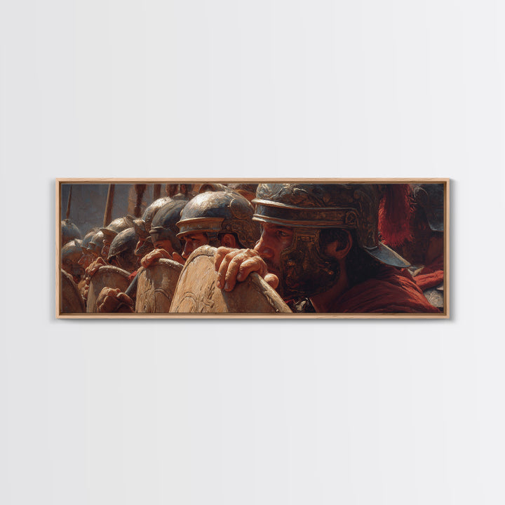 Roman Legion Shield Wall Art, Ancient Soldiers Framed Canvas Print, Historical Battle Decor For Masculine Office And Study