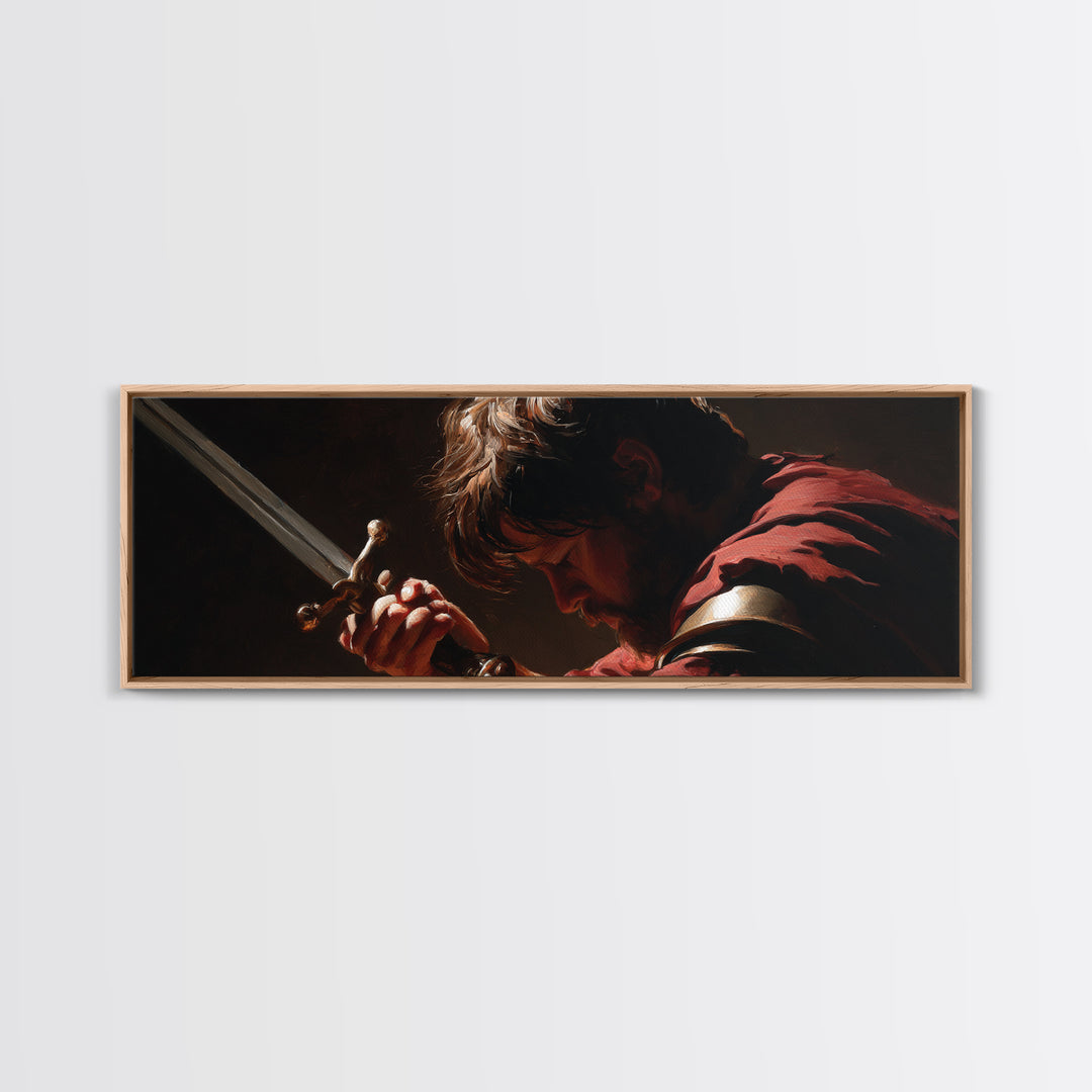 Brooding Warrior Holding Sword Wall Art, Dramatic Baroque Portrait Canvas Print, Masculine Gothic Office And Man Cave Decor