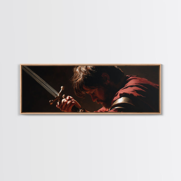Brooding Warrior Holding Sword Wall Art, Dramatic Baroque Portrait Canvas Print, Masculine Gothic Office And Man Cave Decor