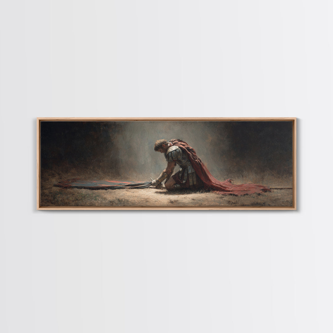 Fallen Roman Soldier With Red Cloak Framed Canvas Print, Classical Warrior Wall Art, Dark Academia Office Decor Gift For Him