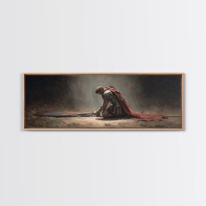 Fallen Roman Soldier With Red Cloak Framed Canvas Print, Classical Warrior Wall Art, Dark Academia Office Decor Gift For Him