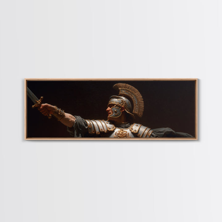 Roman Warrior Sword Portrait Framed Canvas Print, Classical Wall Art, Dark Academia Decor, Mythological Fine Art, Gift For Him